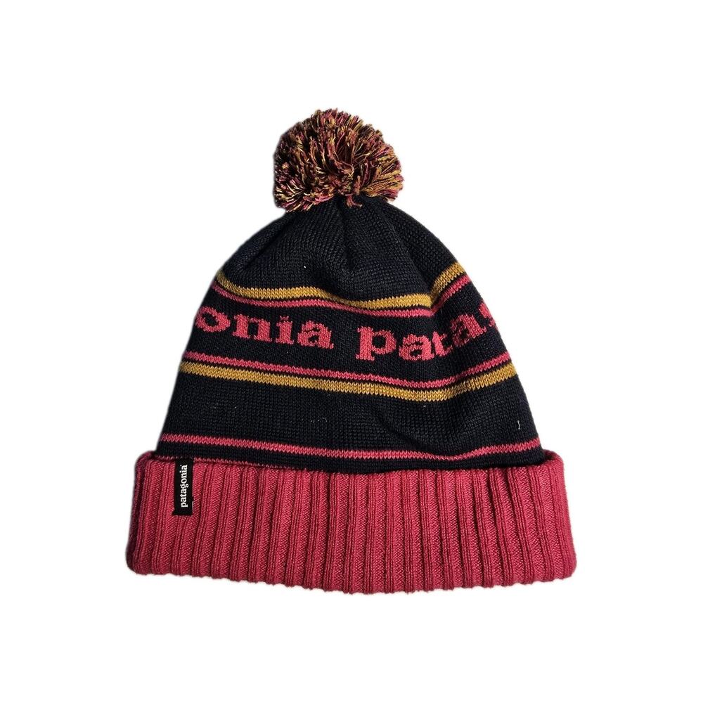 Patagonia Powder Town Beanie Black/Pink/Mustard Yellow Vintage Stripe Knit Logo